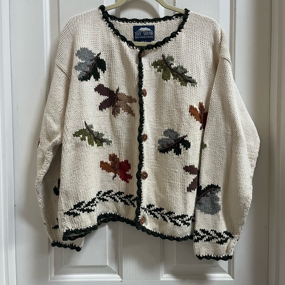 Rey Wear Cotton Leaf Fall Cardigan Sweater Grandmacore Cottagecore M-L - Picture 1 of 7